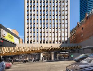 Highpoint, 288 Edward Street, Brisbane, Australia, client Marquette Properties, LAB Architects, prefabrication, prefabricated, zigzag canopy, tilted, varying length, constant cross section, aluminium, brackets, off-site production, unitised.